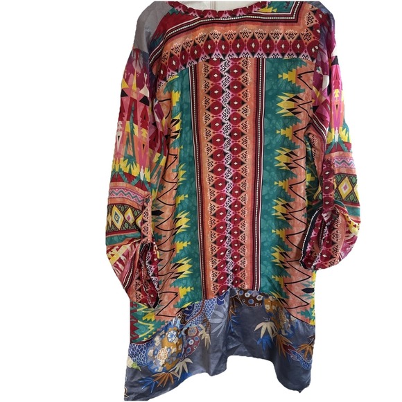 Johnny Was Silk Tunic Womens Large Boho Floral Aztec Print Top Shirt Large - Picture 2 of 7
